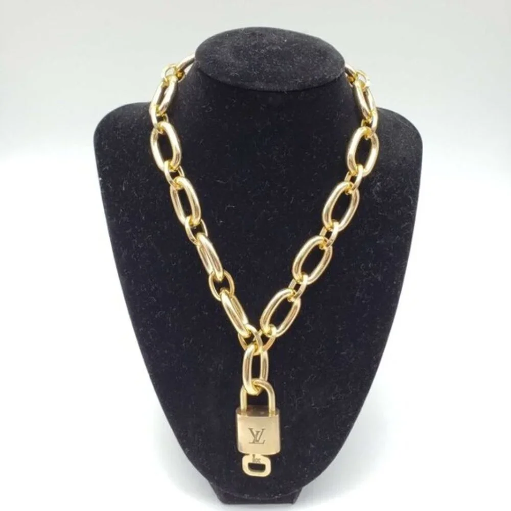 Authentic Louis Vuitton Lock and Key Gold w/Unbranded Geometry Cuban Style Chain